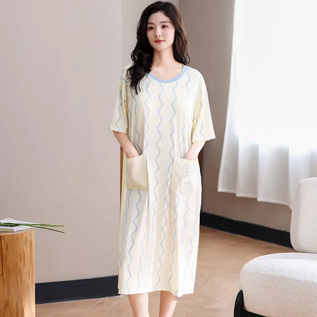 俏佳人 亲肤舒适套头休闲慵懒风可外穿透气短袖家居服带胸垫垂感睡裙 女款