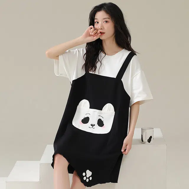 俏佳人 柔软亲肤熊猫公主风休闲套头慵懒短袖家居服睡裙 女款