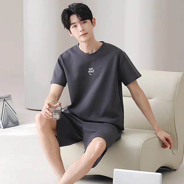 俏佳人 纯棉舒适透气基础纯色短袖家居服休闲慵懒睡衣套装 男款