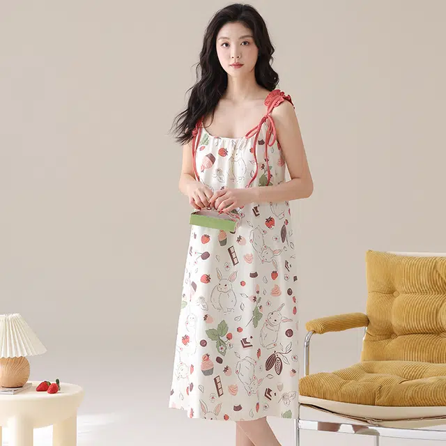 俏佳人 休闲带胸垫基础舒适透气可外穿满印无袖吊带家居服睡裙 女款