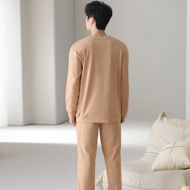 俏佳人 纯棉圆领套头休闲宽松柔软舒适可外穿长袖长裤家居服睡衣套装 男款