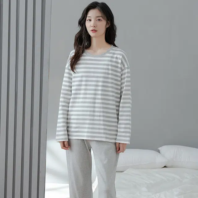 俏佳人 纯棉圆领套头条纹休闲宽松舒适亲肤透气长袖长裤可外穿家居服睡衣套装 女款