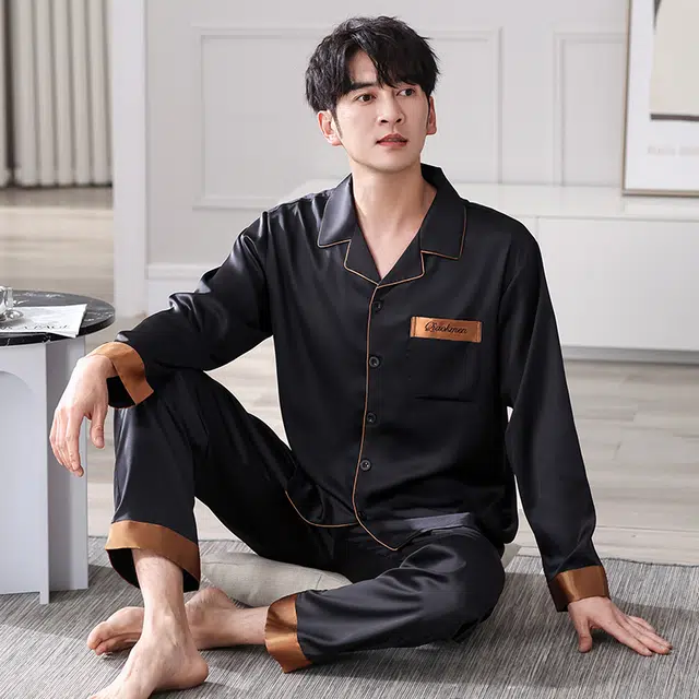俏佳人 丝滑冰丝高级感翻领开衫简约纯色休闲亲肤舒适透气长袖长裤家居服睡衣套装 男款