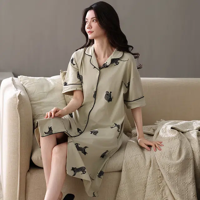 俏佳人 纯棉柔软亲肤透气基础翻领休闲短袖慵懒家居服睡裙 女款