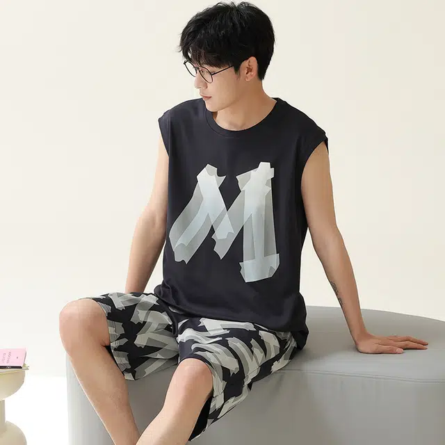 俏佳人 柔软亲肤休闲可外穿套头背心慵懒宽松家居服睡衣套装 男款