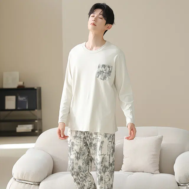 俏佳人 纯棉套头圆领休闲宽松可外穿家居服涂鸦柔软亲肤舒适透气长袖长裤睡衣套装 男款