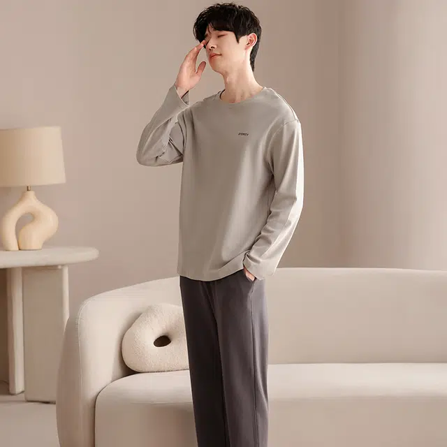 俏佳人 纯棉圆领套头纯色基础休闲宽松柔软舒适可外穿长袖长裤家居服睡衣套装 男款