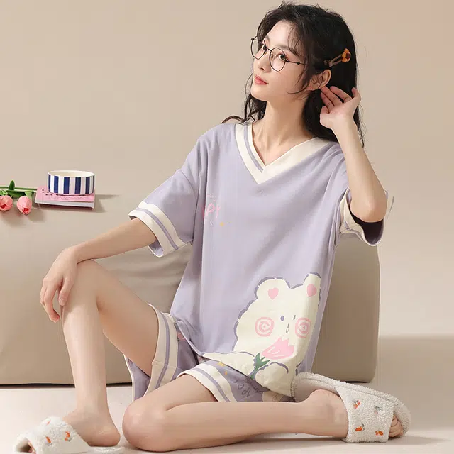 俏佳人 休闲柔软亲肤可外穿套头短袖短裤慵懒宽松家居服睡衣套装 女款