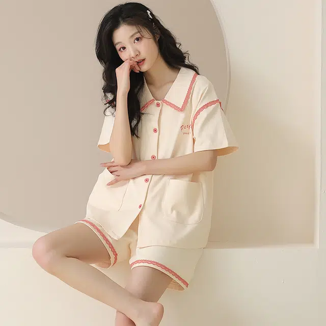 俏佳人 柔软亲肤休闲可外穿基础开衫短袖短裤慵懒宽松家居服睡衣套装 女款