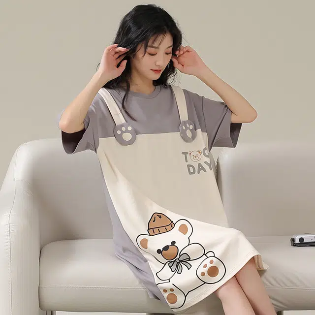 俏佳人 柔软亲肤小熊公主风休闲套头慵懒短袖家居服睡裙 女款