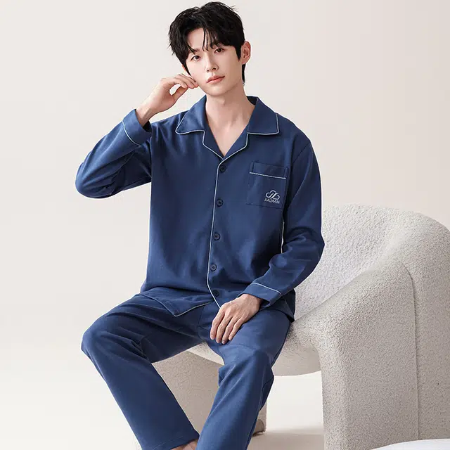 俏佳人 翻领开衫简约时尚舒适透气长袖长裤纯色家居服睡衣套装 男款 宝蓝色