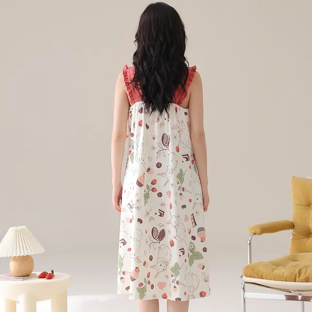 俏佳人 休闲带胸垫基础舒适透气可外穿满印无袖吊带家居服睡裙 女款