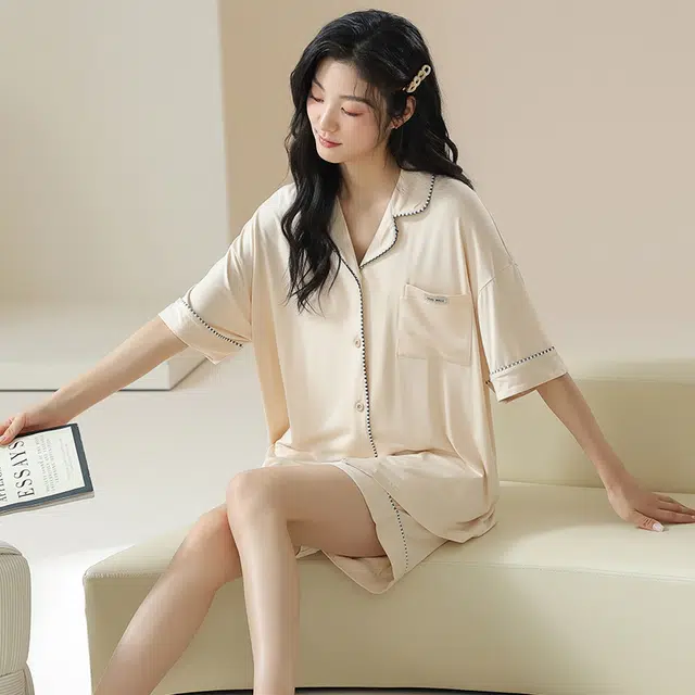 俏佳人 柔软亲肤基础休闲开衫慵懒宽松短袖五分裤家居服睡衣套装 女款