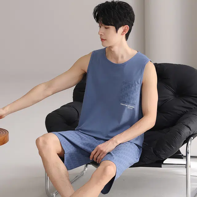 俏佳人 可外穿背心纯棉舒适透气简约套头休闲慵懒风家居服睡衣套装 男款