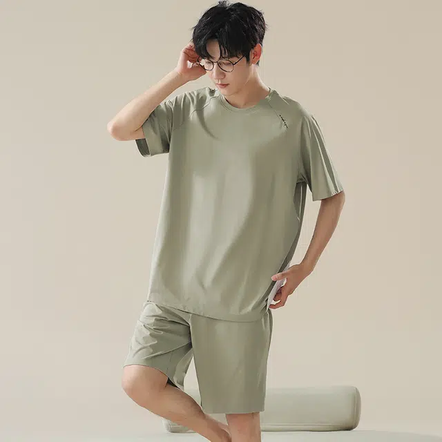俏佳人 垂感柔软亲肤纯色透气基础休闲短袖慵懒家居服睡衣套装 男款