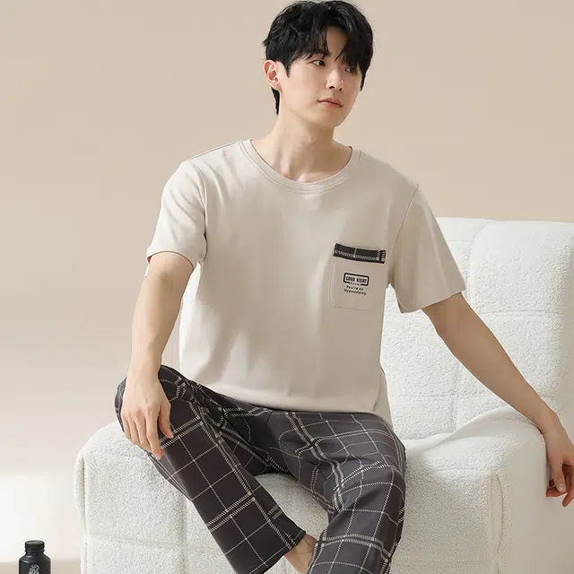 俏佳人 柔软亲肤格子条纹休闲短袖长裤慵懒家居服睡衣套装 男款