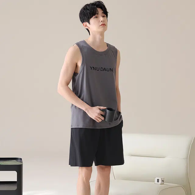 俏佳人 纯棉舒适套头透气简约休闲慵懒风可外穿背心家居服睡衣套装 男款