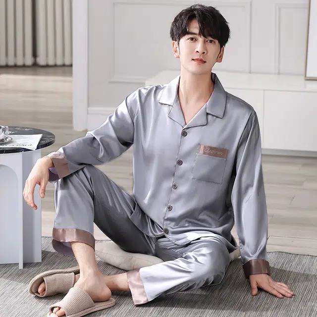 俏佳人 丝滑冰丝高级感翻领开衫纯色简约休闲亲肤舒适透气长袖长裤家居服睡衣套装 男款
