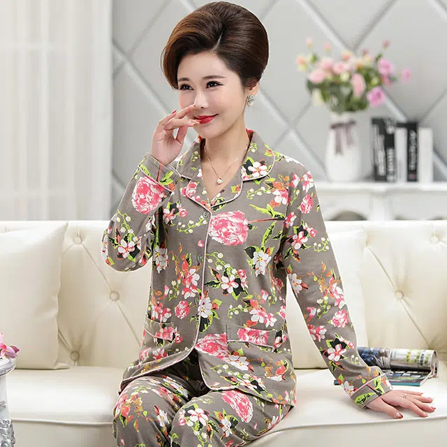 俏佳人 纯棉开衫翻领休闲舒适长袖长裤睡衣套装 女款 图片色