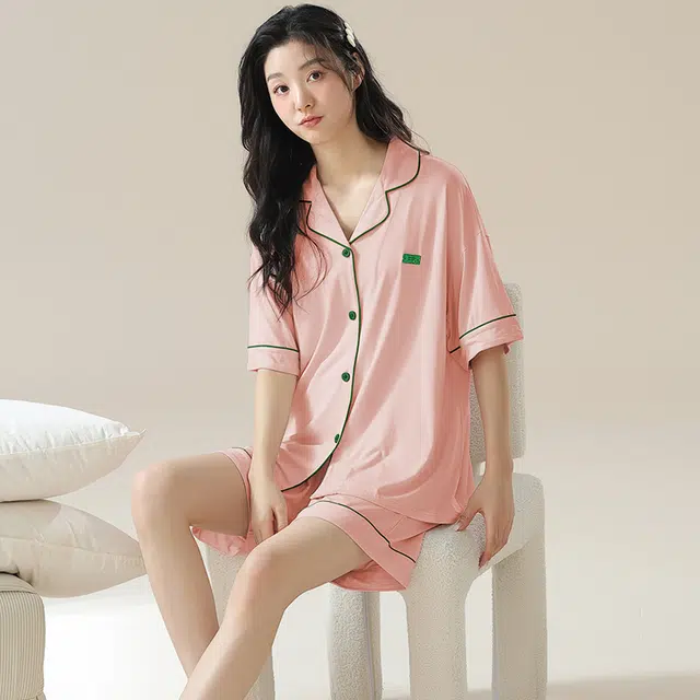 俏佳人 亲肤柔软基础休闲开衫慵懒宽松短袖短裤家居服睡衣套装 女款