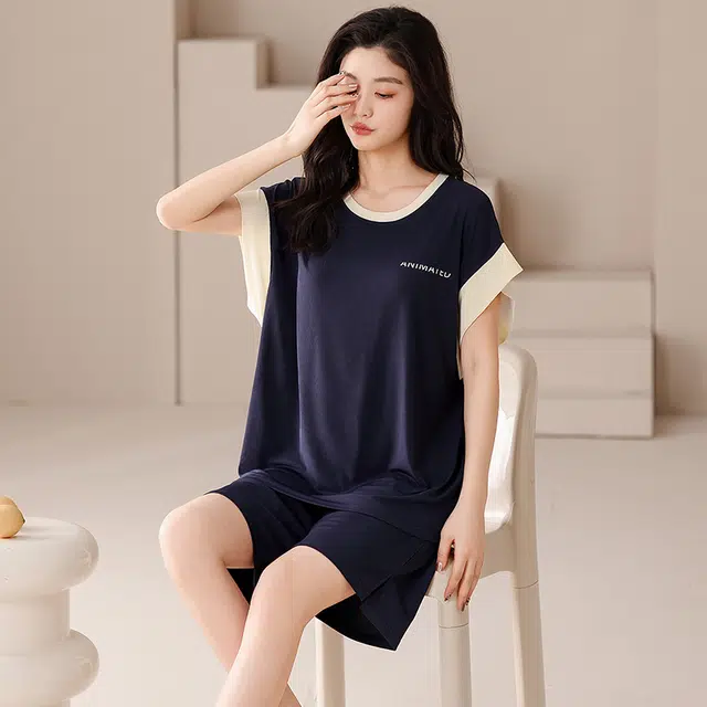 俏佳人 带胸垫套头休闲舒适运动风可外穿短袖家居服透气垂感亲肤睡衣套装 女款