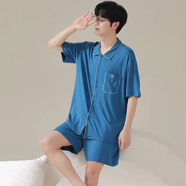 俏佳人 纯色基础柔软亲肤休闲开衫慵懒宽松短袖短裤家居服睡衣套装 男款