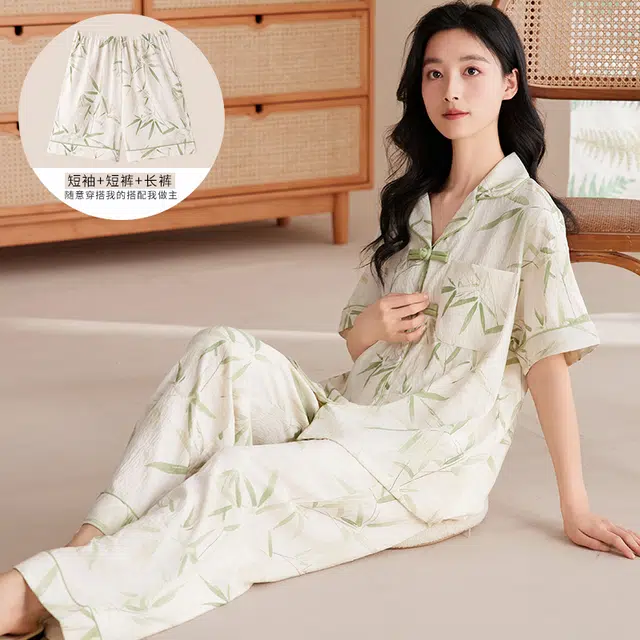 俏佳人 三件套舒适开衫透气植物印花亲肤短袖家居服睡衣套装 女款