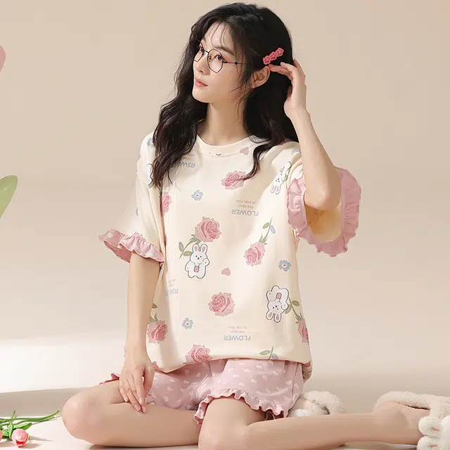 俏佳人 甜美韩版柔软亲肤休闲可外穿短袖慵懒家居服睡衣套装 女款