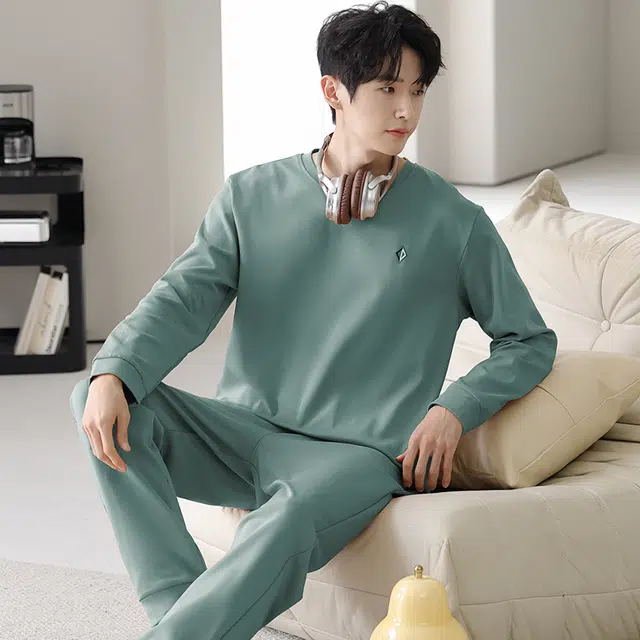 俏佳人 纯棉圆领套头基础休闲宽松柔软舒适可外穿长袖长裤家居服睡衣套装 男款