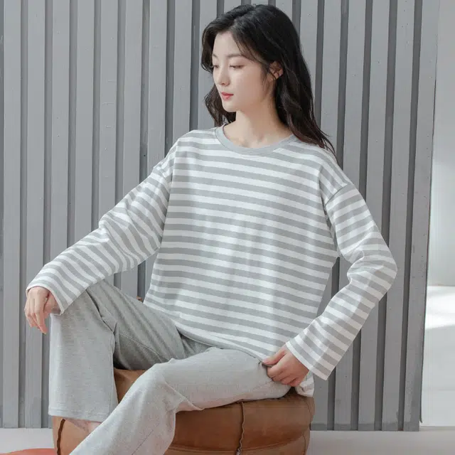 俏佳人 纯棉圆领套头条纹休闲宽松舒适亲肤透气长袖长裤可外穿家居服睡衣套装 女款