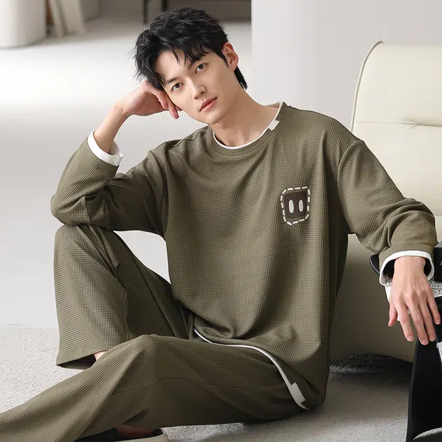 俏佳人 华夫格纯棉重磅简约宽松休闲可外穿圆领套头柔软舒适透气家居服长袖长裤睡衣套装 男款