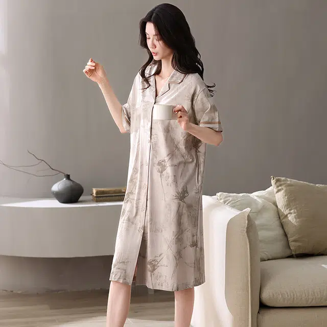 俏佳人 柔软亲肤纯棉透气基础翻领休闲短袖慵懒家居服睡裙 女款