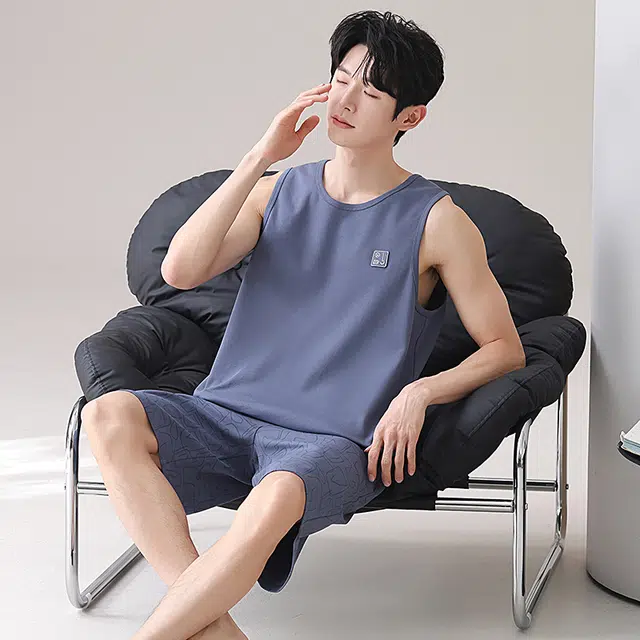 俏佳人 纯棉舒适透气休闲背心家居服睡衣套装 男款