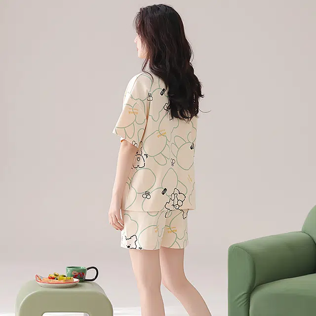 俏佳人 带胸垫纯棉圆领套头舒适透气慵懒休闲可外穿圆领短袖短裤家居服睡衣套装 女款