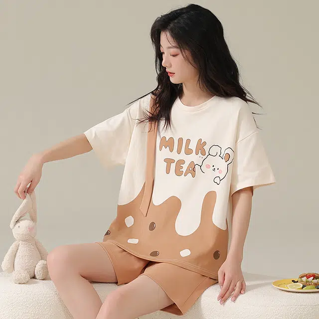 俏佳人 卡通柔软亲肤休闲可外穿套头短袖慵懒家居服睡衣套装 女款