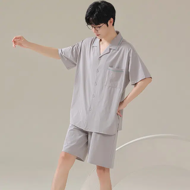 俏佳人 纯色韩版基础柔软亲肤休闲开衫慵懒短袖家居服睡衣套装 男款