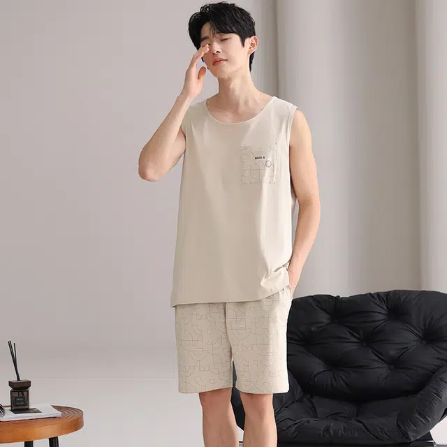 俏佳人 背心纯棉舒适透气简约套头休闲慵懒风可外穿家居服睡衣套装 男款