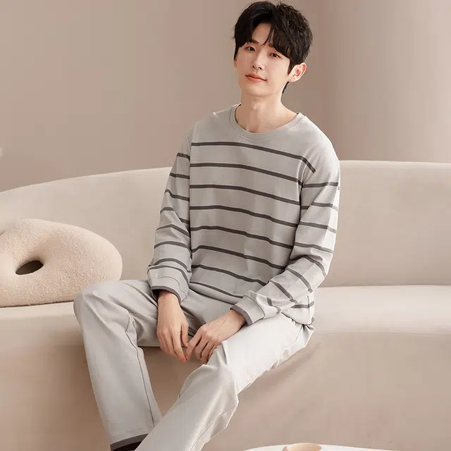 俏佳人 纯棉圆领套头纯色基础条纹休闲宽松柔软舒适可外穿家居服长袖长裤睡衣套装 男款
