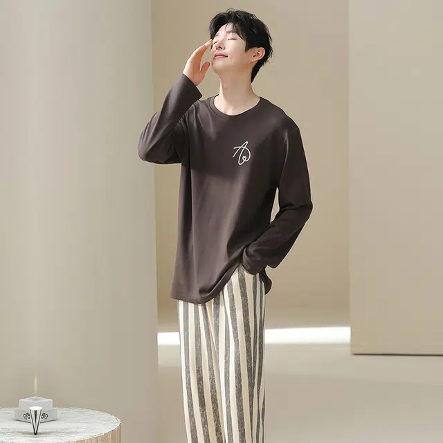 俏佳人 纯棉套头圆领休闲宽松可外穿家居服纯色复古条纹柔软亲肤舒适透气长袖长裤睡衣套装 男款