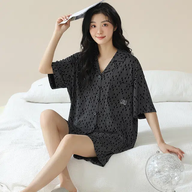 俏佳人 基础柔软亲肤复古休闲开衫慵懒宽松短袖短裤家居服睡衣套装 女款