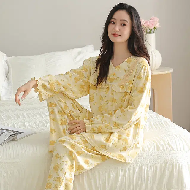 俏佳人 纯棉套头圆领公主风宽松休闲家居服花卉图案柔软亲肤舒适透气长袖长裤睡衣套装 女款