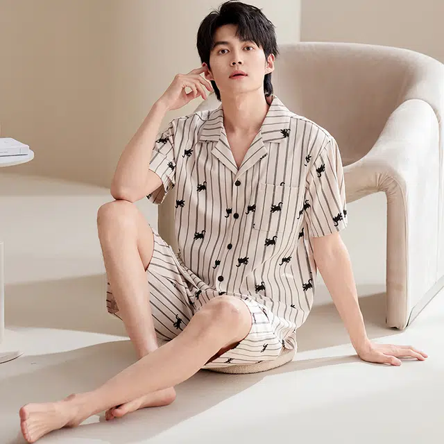俏佳人 纯棉开衫翻领休闲舒适短袖可外穿家居服睡衣套装 男款 米白条纹