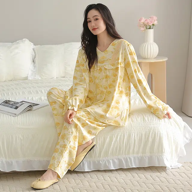 俏佳人 纯棉套头圆领公主风宽松休闲家居服花卉图案柔软亲肤舒适透气长袖长裤睡衣套装 女款