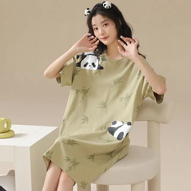 俏佳人 柔软亲肤熊猫简约公主风休闲套头慵懒短袖家居服睡裙 女款