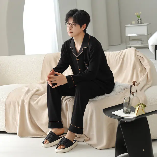 俏佳人 弹力拉架棉开衫简约基础宽松慵懒风舒适透气亲肤可外穿家居服睡衣套装 男款