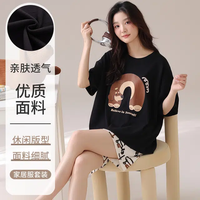 俏佳人 纯棉套头舒适慵懒短袖家居服柔软亲肤透气休闲睡衣套装 女款