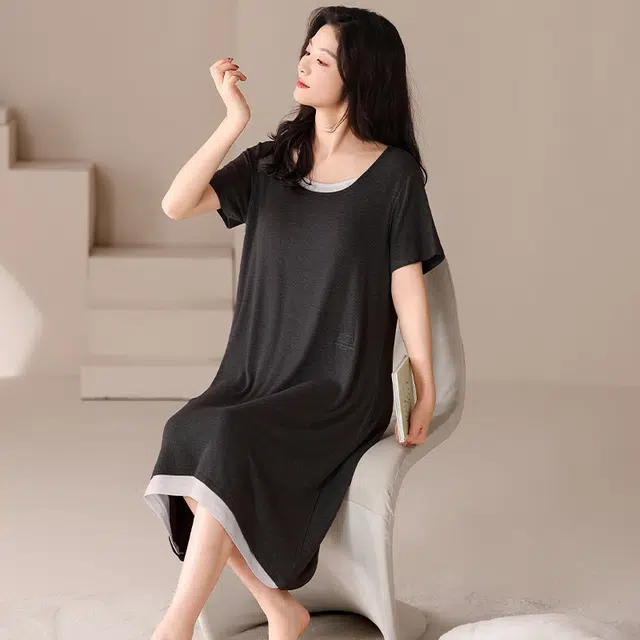 俏佳人 短袖带胸垫休闲慵懒风舒适可外穿透气垂感亲肤家居服睡裙 女款