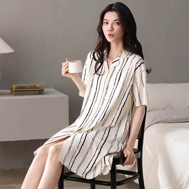 俏佳人 纯棉柔软亲肤透气基础慵懒翻领休闲短袖家居服睡裙 女款