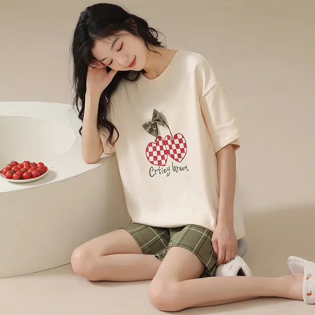 俏佳人 休闲可外穿套头柔软亲肤短袖短裤慵懒宽松家居服睡衣套装 女款