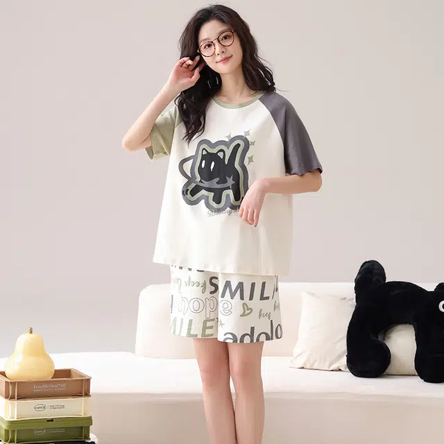 俏佳人 纯棉透气休闲慵懒短袖套头舒适家居服柔软亲肤睡衣套装 女款